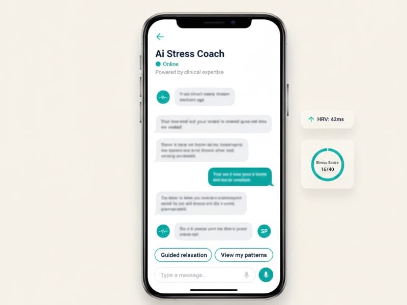 Phone showing Ai-powered stress coaching chat interface